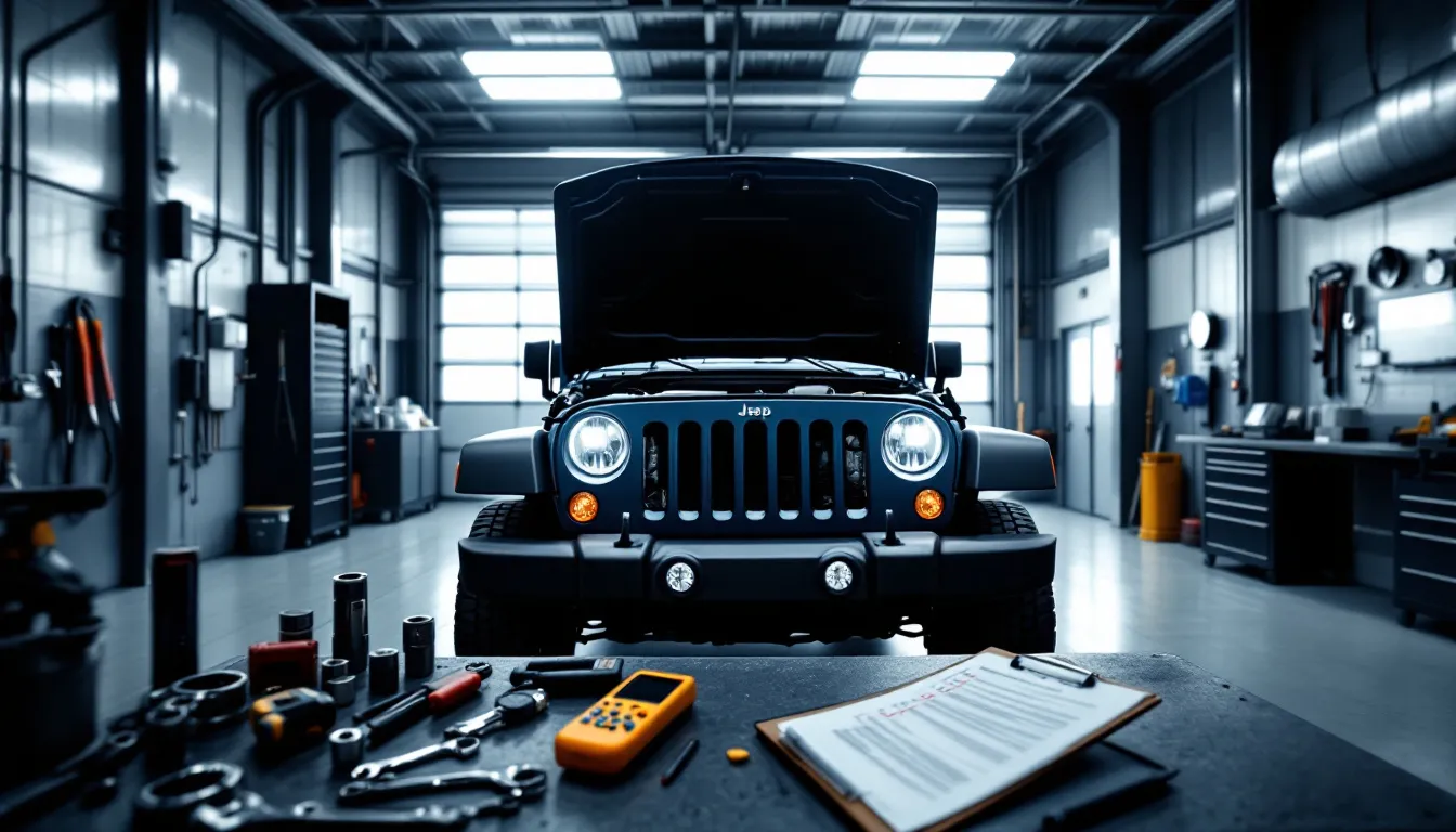 2018 Jeep Wrangler JK in a garage bay with hood open, mechanic tools on workbench, and maintenance checklist on clipboard