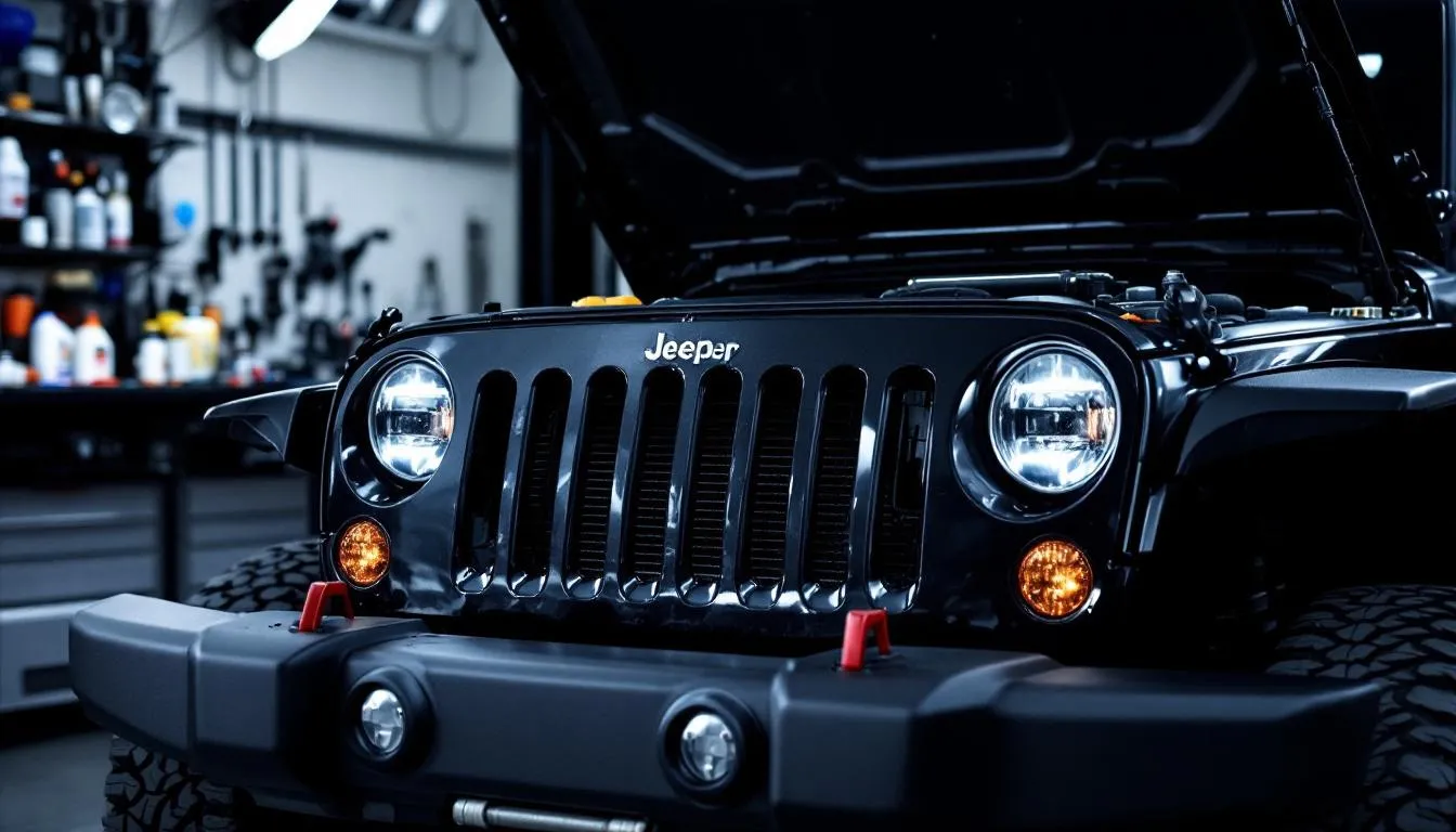 2018 Jeep Wrangler JK in service bay with hood open displaying maintenance fluids, filters, and tools