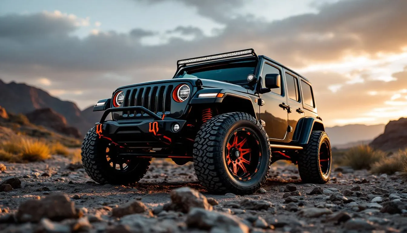 Modified Jeep JK Wrangler with 37 inch mud terrain tires on rocky desert terrain
