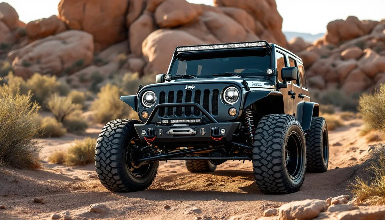 Modified Jeep Wrangler JK with 35 inch all-terrain tires on rocky desert trail