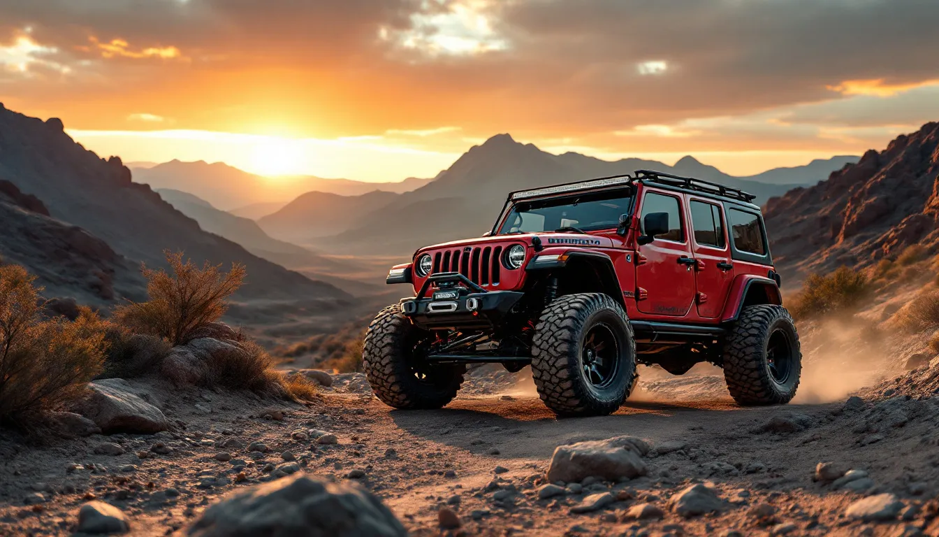 Lifted Jeep Wrangler JK 4-door on a rocky dirt trail with aggressive all-terrain tires at golden hour with mountains in the background