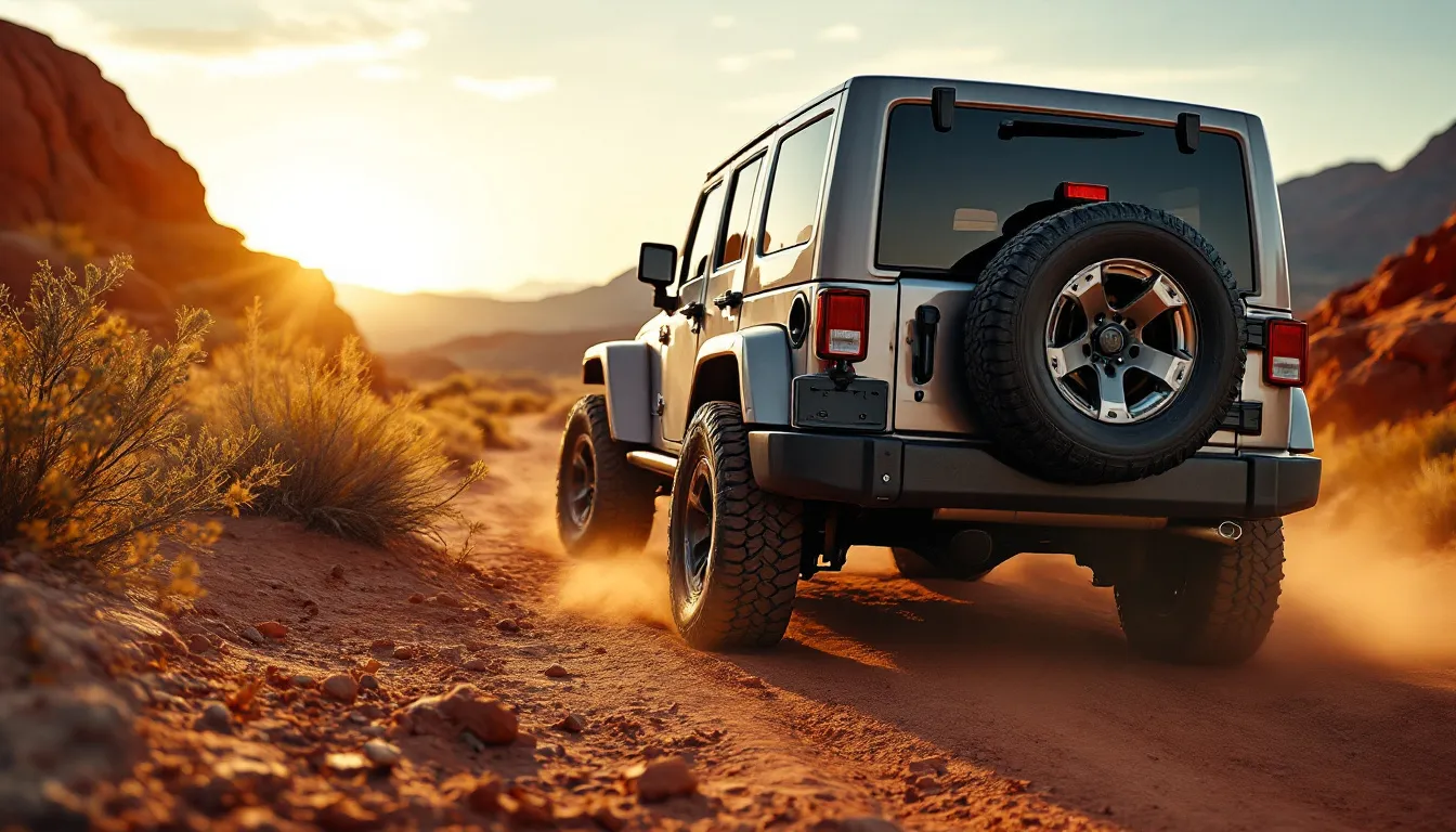 Rear three-quarter view of a silver Jeep JK Wrangler JKU Rubicon on a red-dirt trail with a polished stainless axle-back exhaust tip visible under the rear bumper