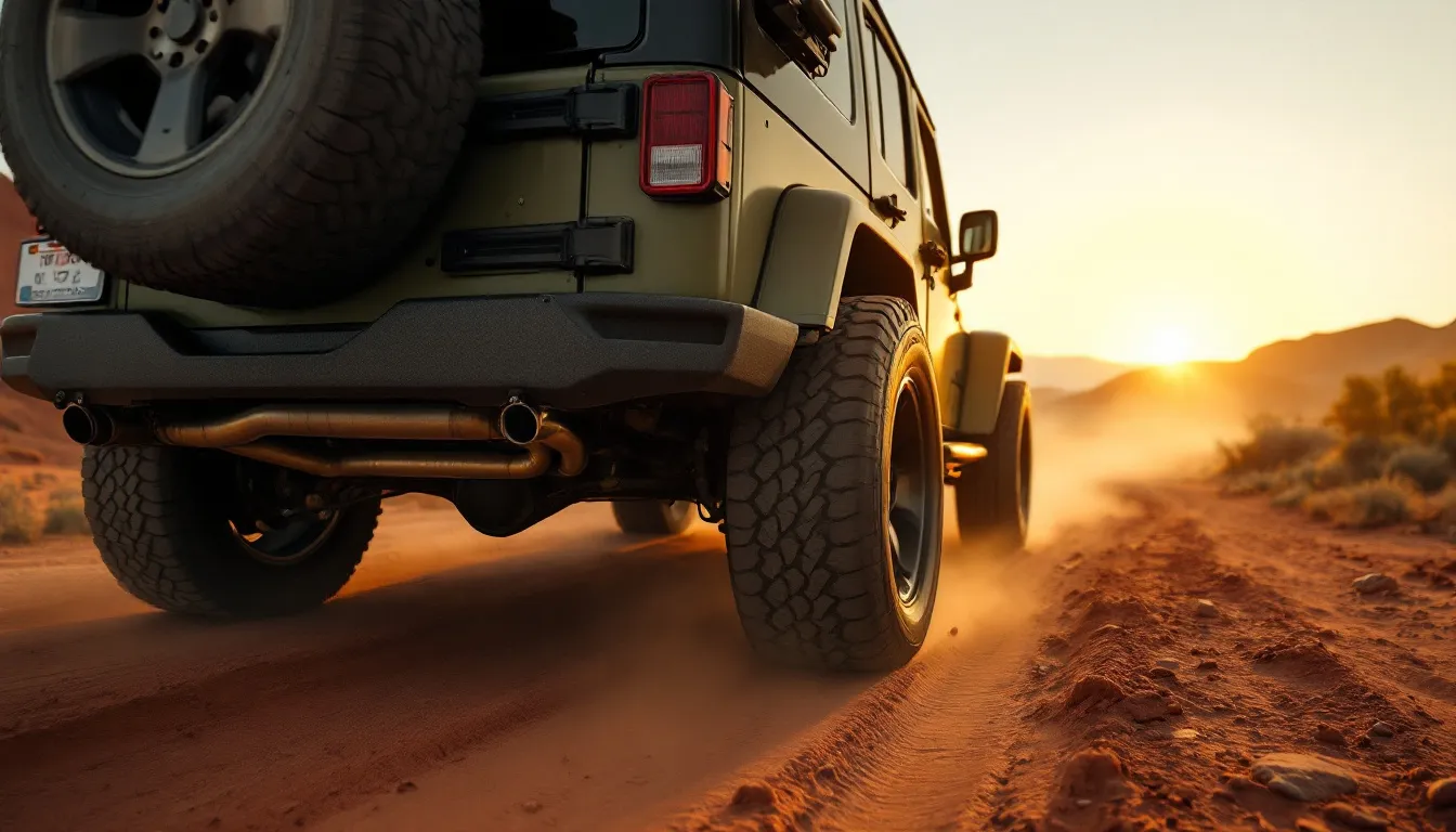 Aftermarket cat-back exhaust system on a Jeep JK Wrangler viewed from rear quarter on a dirt trail at golden hour