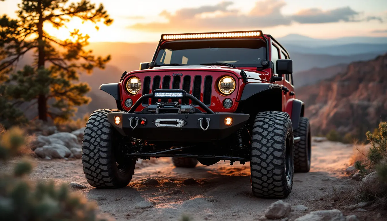Lifted Jeep JK Wrangler with heavy-duty steel aftermarket front bumper featuring D-rings and winch plate on a rocky trail at golden hour