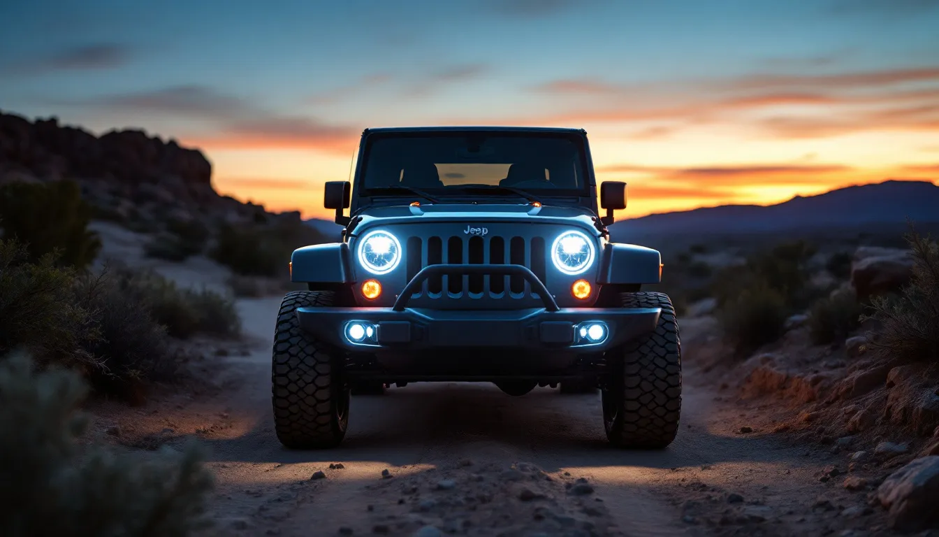 Best LED headlights for Jeep JK shown on a 2007-2018 Wrangler JK at dusk on a dirt trail with bright white 7-inch round LED beams