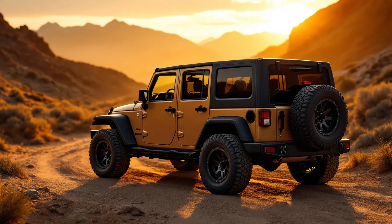 Best soft top for Jeep JK Wrangler installed on a 4-door JKU parked on a dirt trail at golden hour