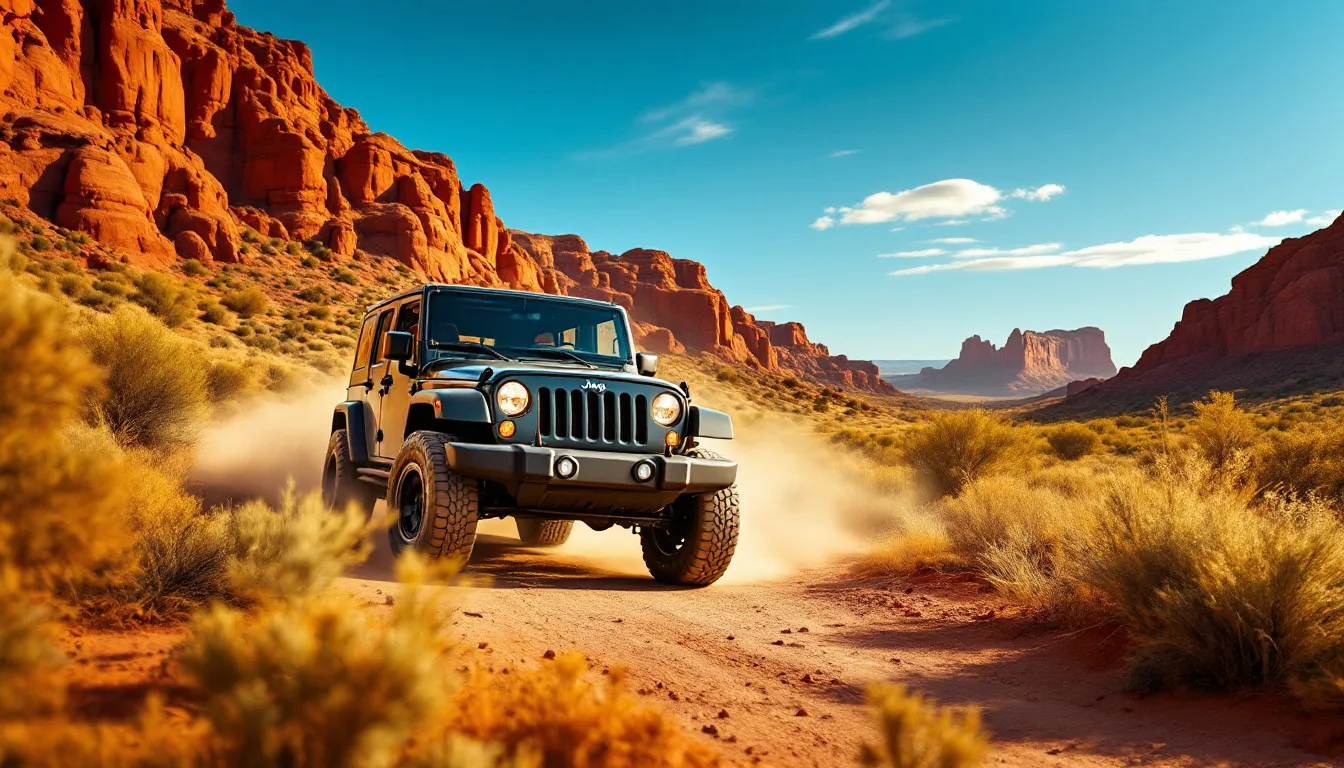 2014 Jeep Wrangler JK Unlimited 4-door with black soft top on a scenic dirt trail at golden hour