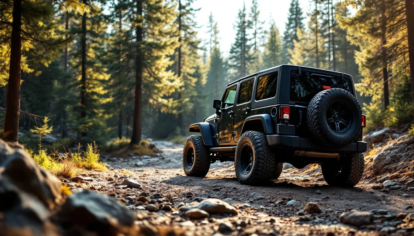 Black 2-door Jeep Wrangler JK with black diamond soft top on a rocky trail showing tinted rear window and zipper detail