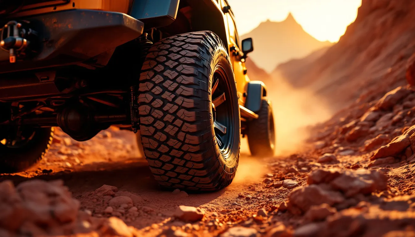 2014 Jeep Wrangler JK with aggressive all-terrain tires on a rocky off-road trail at golden hour