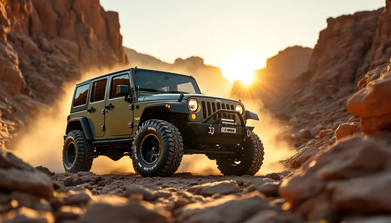 2014 Jeep Wrangler JK Unlimited on a rocky trail with aggressive all-terrain tires at golden hour