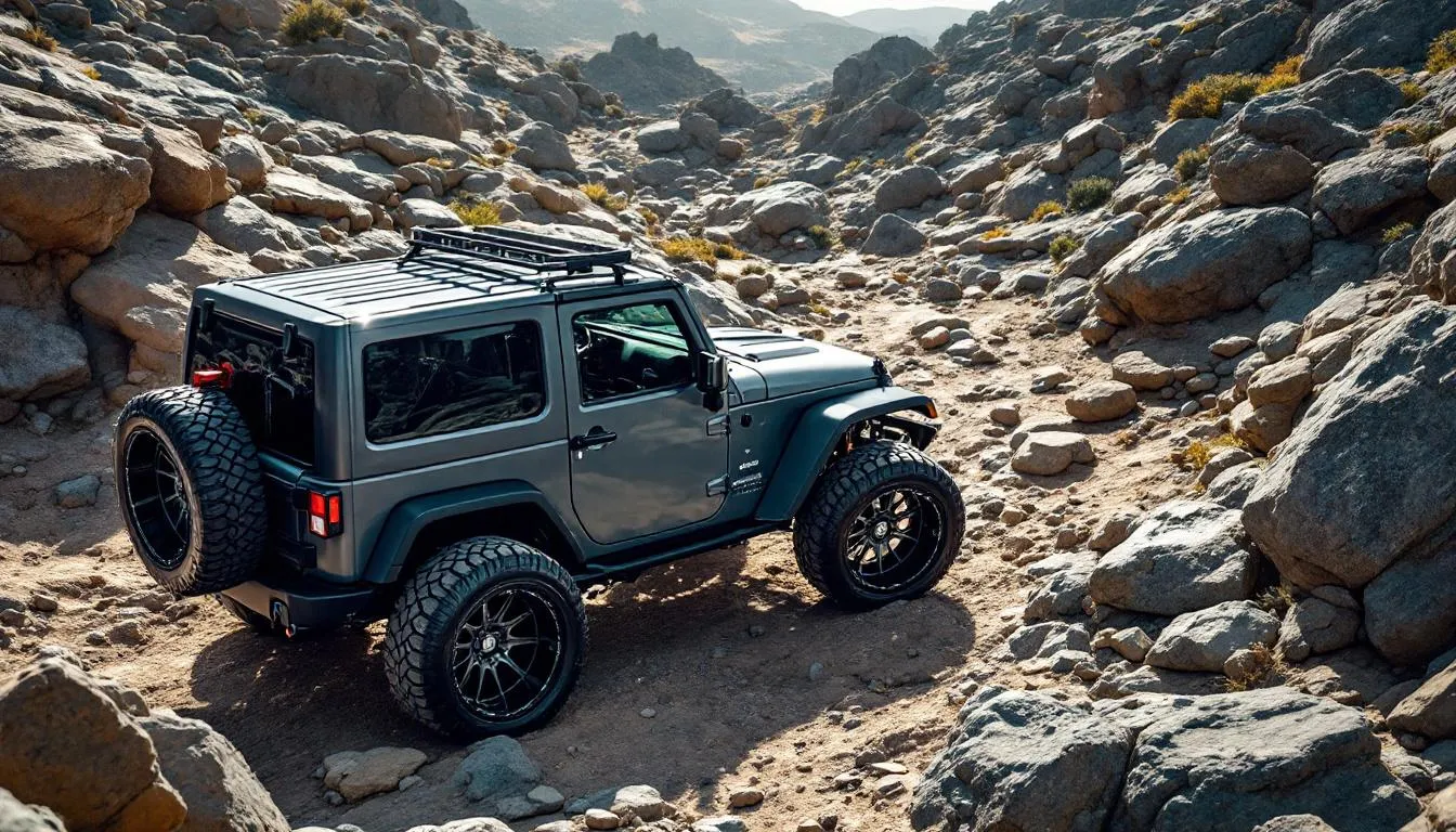 Modified Jeep Wrangler JK displaying various aftermarket wheel styles and fitment options