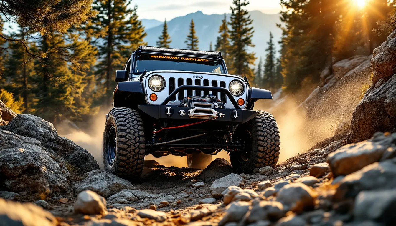 Silver 4-door Jeep JK Unlimited with heavy-duty steel front bumper and winch on a rocky off-road trail, cable extended to a recovery point