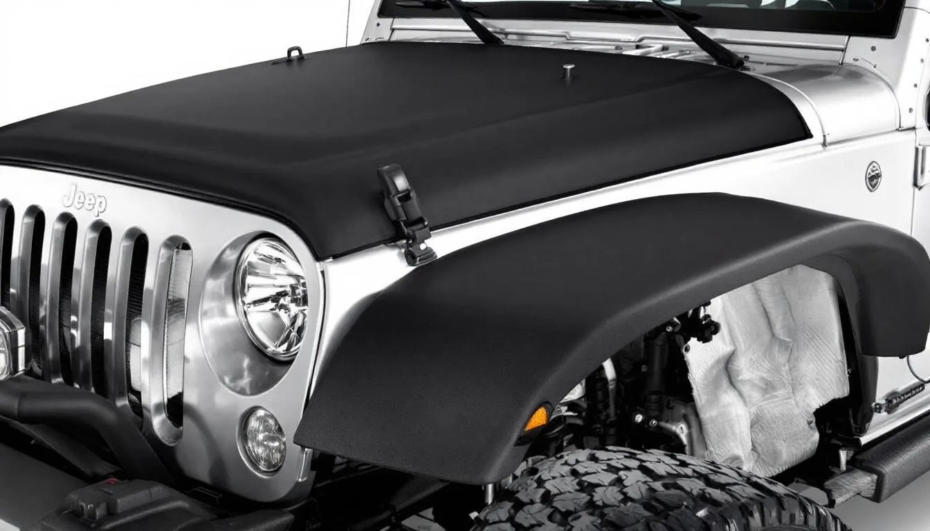 Black soft top installed on Jeep Wrangler JK with seven-slot grille and angular fender flares