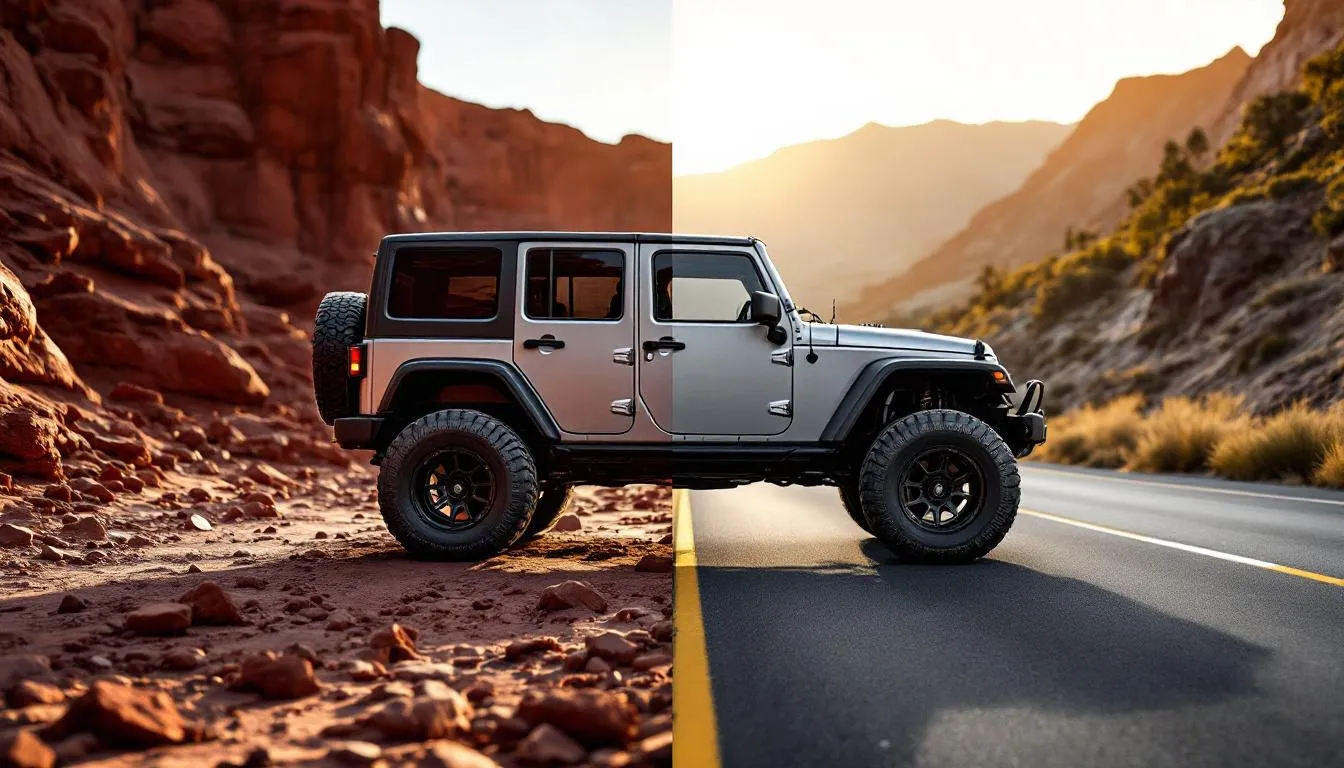 Split comparison of Jeep JK Wrangler with BFGoodrich KM3 tires on rocky terrain versus Nitto Trail Grappler tires on highway