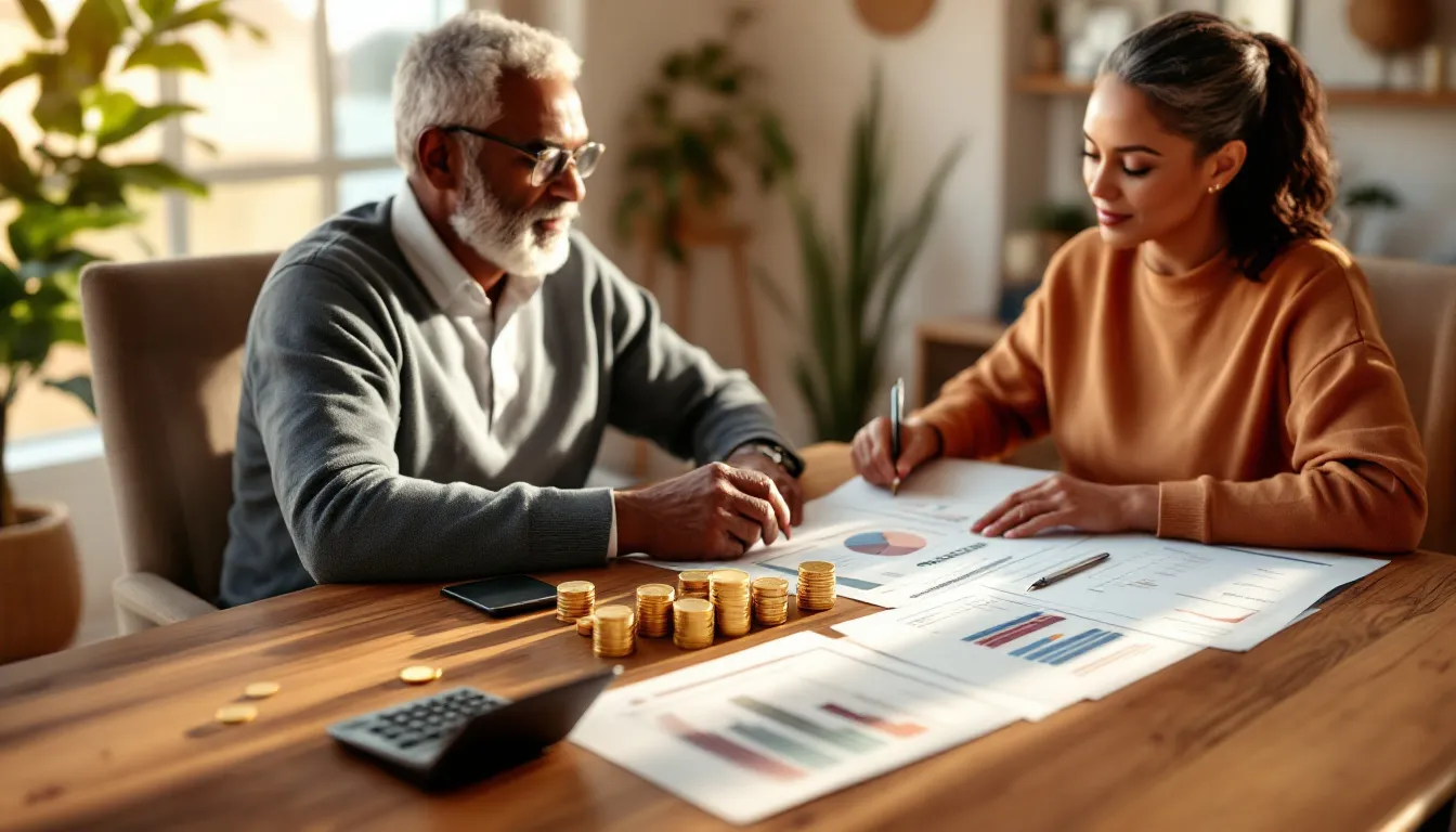 A South African couple reviewing retirement portfolio documents at a table, with a tall single stack of coins contrasted against several smaller balanced stacks, illustrating concentration of risk versus diversification