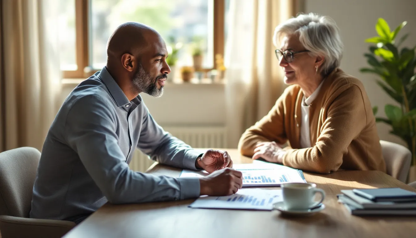 A financial advisor having a thoughtful conversation with a couple about their retirement planning, seated at a desk with planning documents and charts visible
