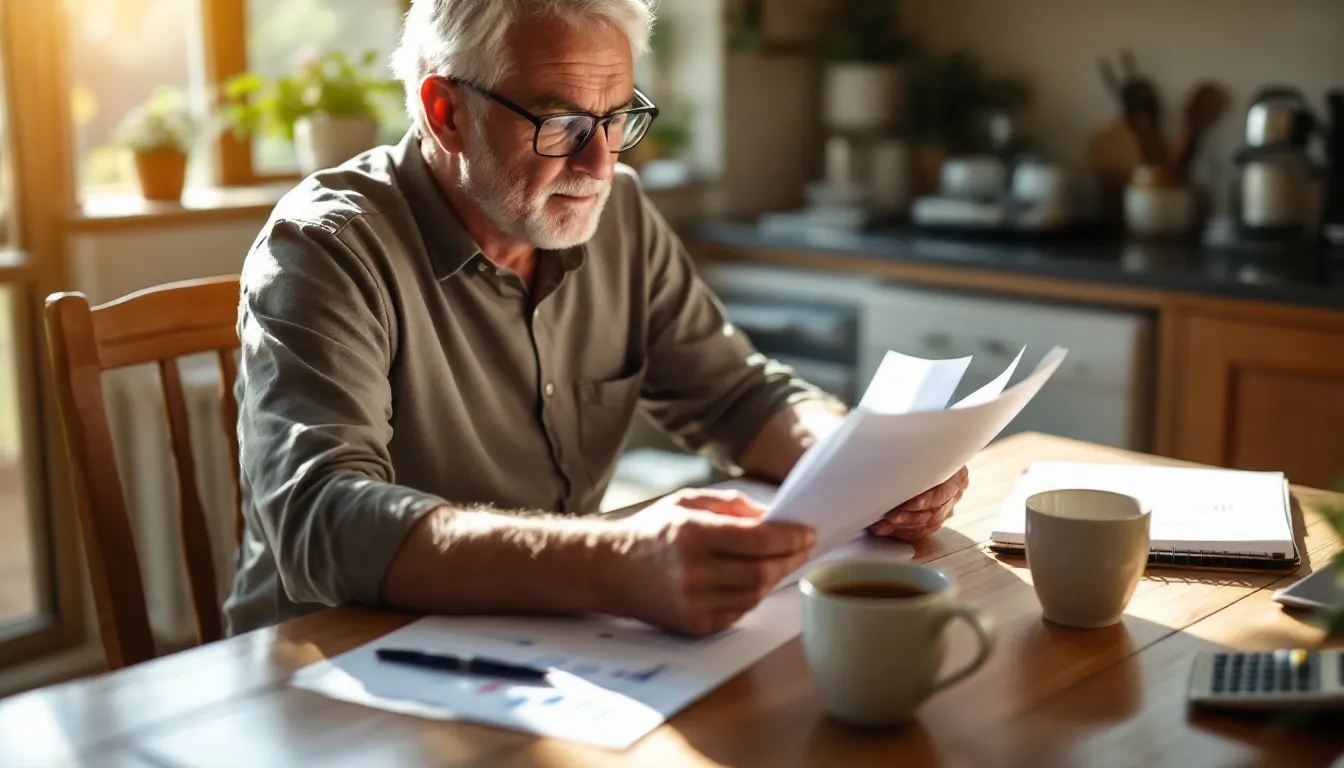 South African man in his fifties reviewing retirement planning documents at a kitchen table with a calculator, pen, and cup of rooibos tea in warm natural light