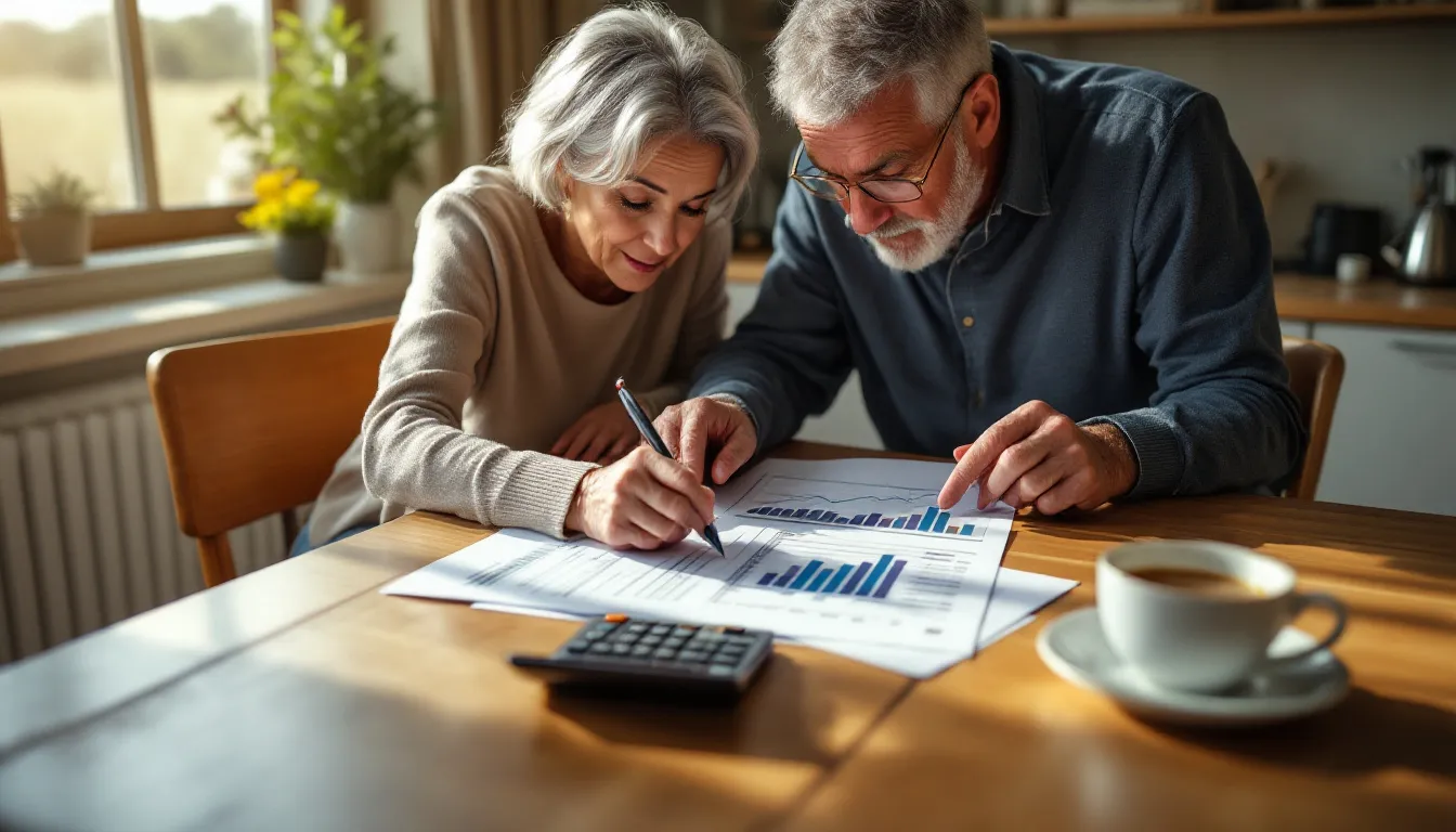 A mature South African couple reviewing fixed annuity documents at a kitchen table with a calculator and rooibos tea in warm natural light