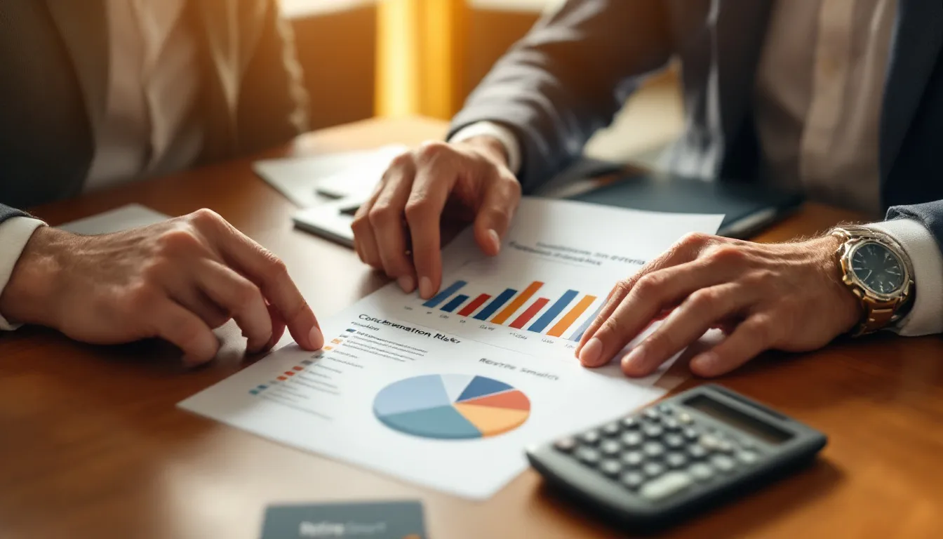 Two people in business attire review financial charts and graphs on a wooden desk, with a calculator and documents nearby