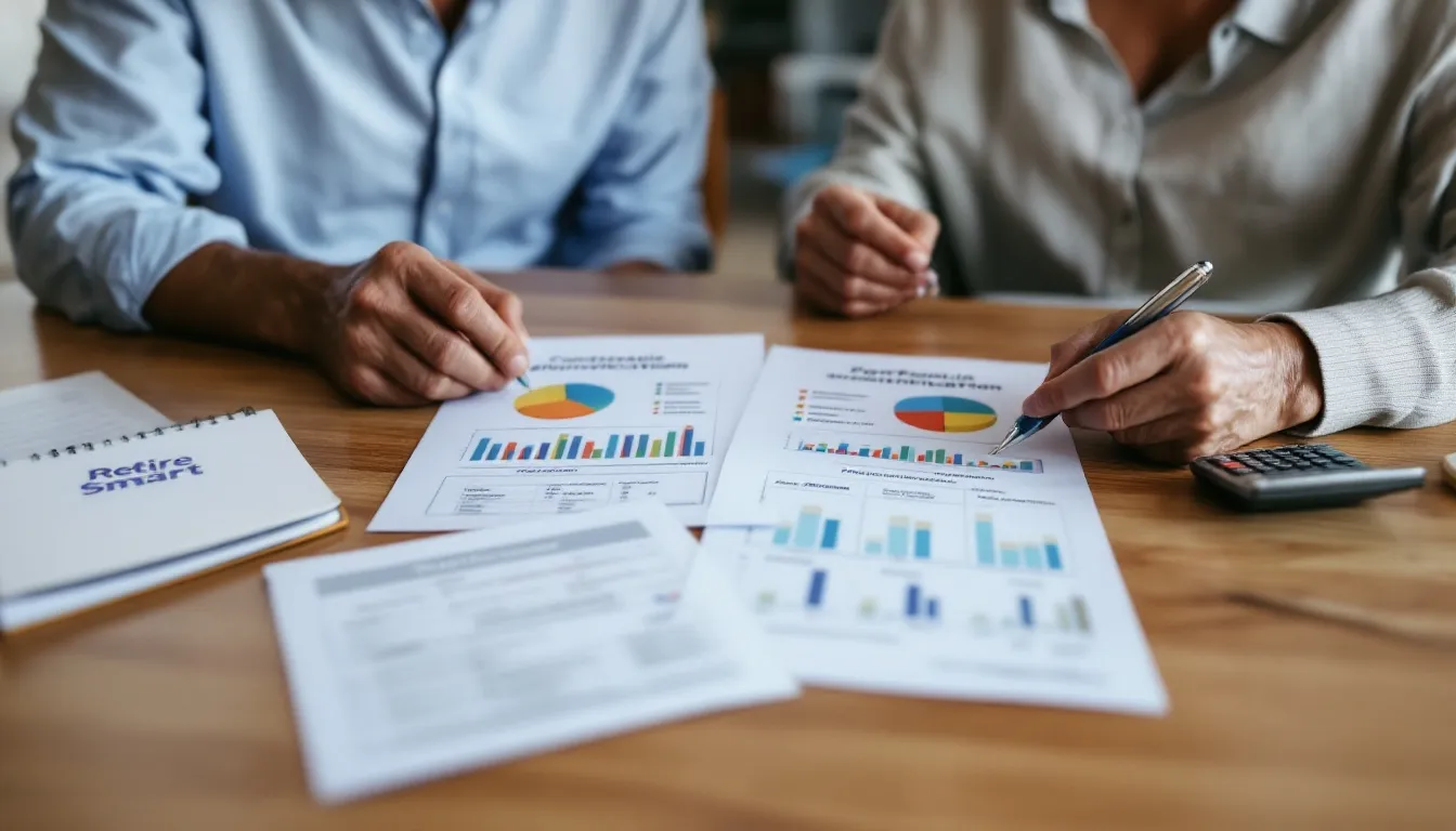 Two people review financial documents with pie charts and bar graphs spread across a wooden table, with one person pointing at the data