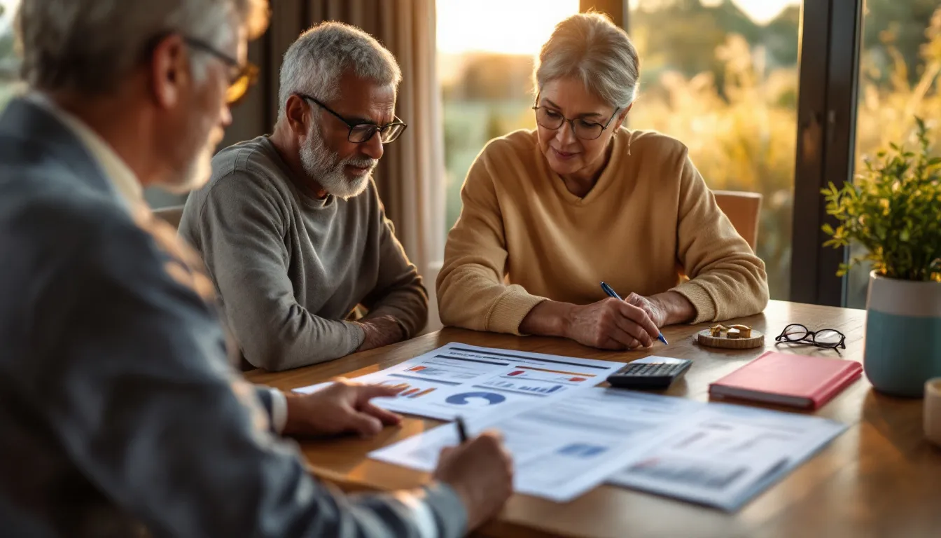 Three older adults review financial documents and charts at a table by a window, with a calculator and notebooks nearby