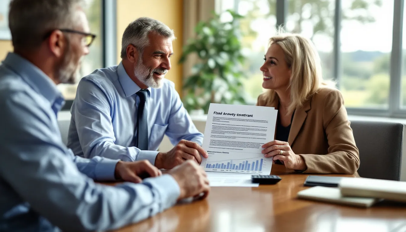Three business professionals reviewing a fixed annuity contract document at a table in a bright office