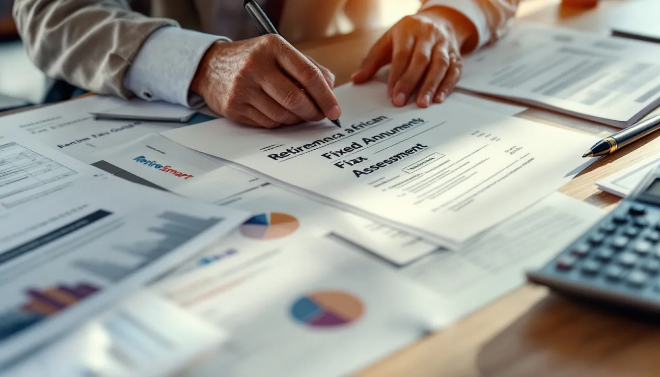 A person holding a pen over financial documents labeled retirement annuity assessment while reviewing retirement income plans