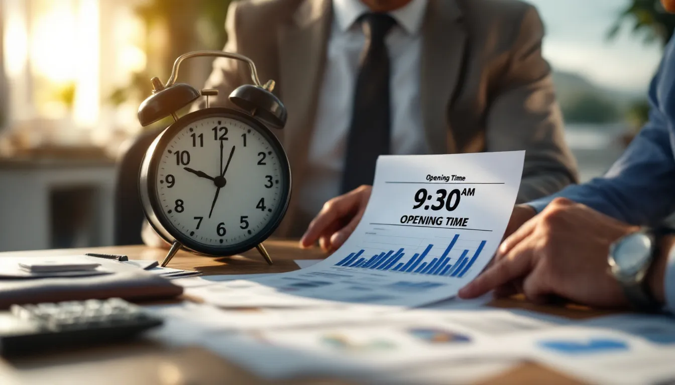 Business professional holding document labeled Opening Time 9:30 AM next to alarm clock showing market opening time