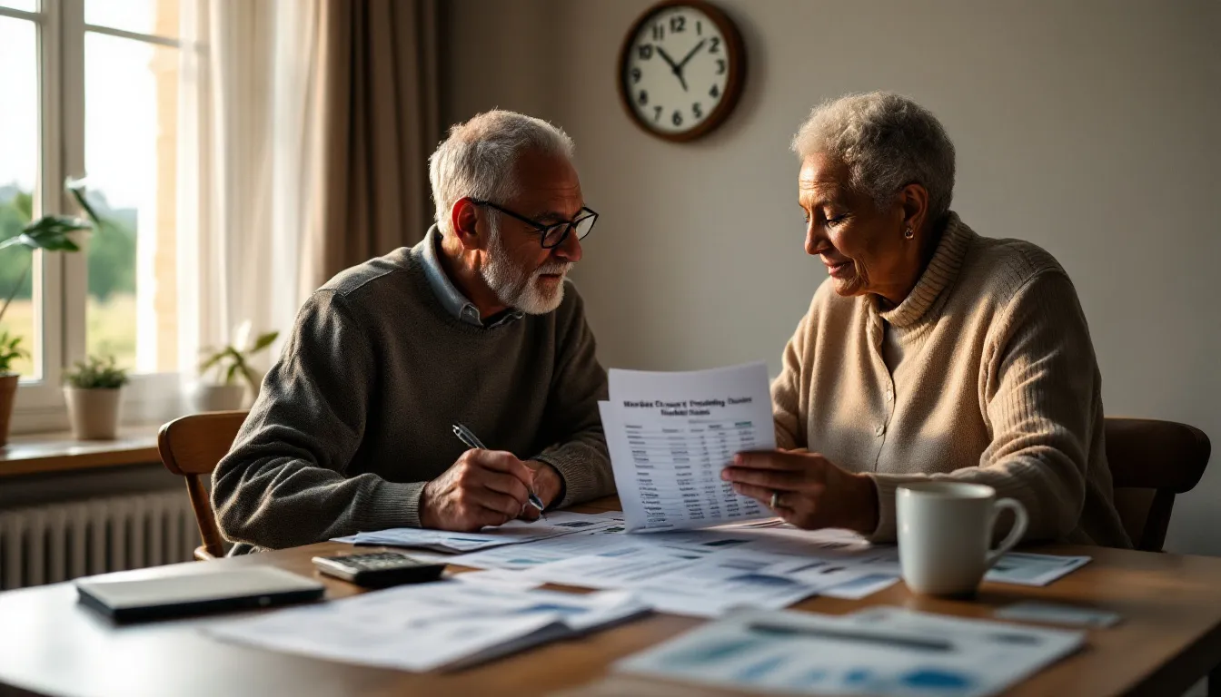 Older adults reviewing financial documents and charts together at a table by a sunny window with wall clock visible