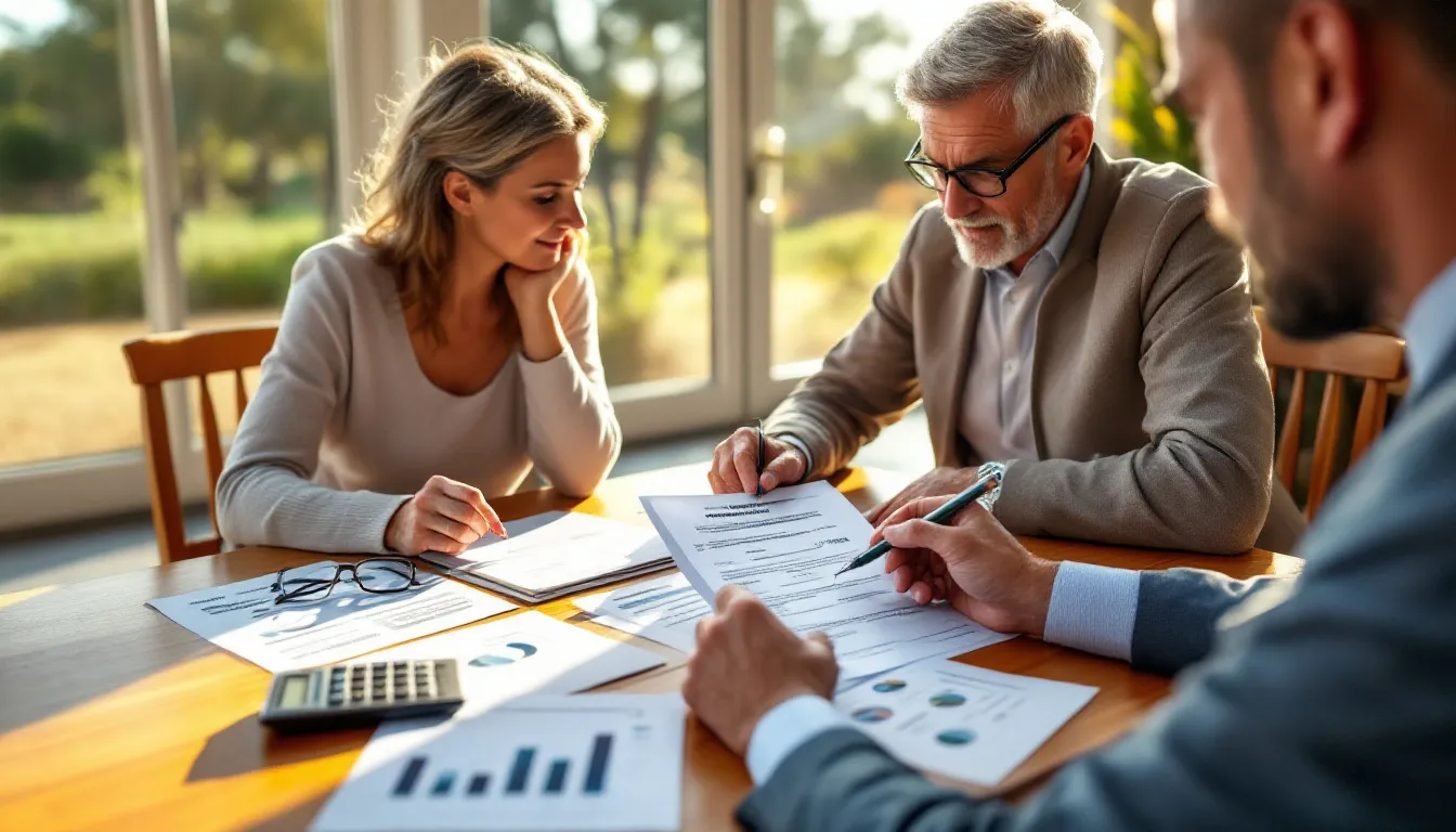 A woman sitting at a wooden table reviews retirement income documents and investment charts with a financial adviser, natural window light from the background garden