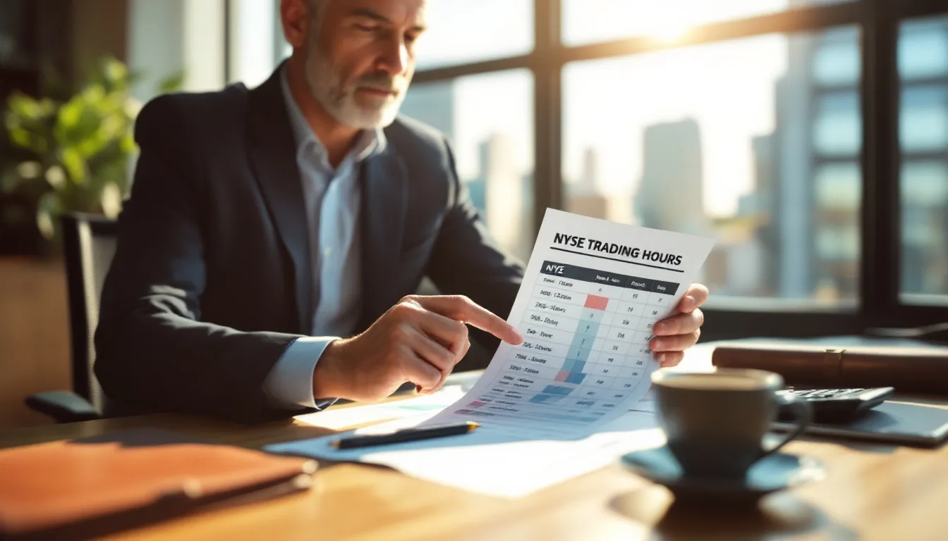 A man in business attire points to a printed NYSE trading hours chart showing regular session 9:30 AM to 4:00 PM ET at a desk with a city skyline visible through windows behind him
