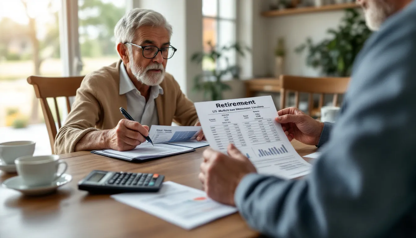 An older man with glasses and white beard sits at a table reviewing retirement planning documents with another person, with a calculator and pen visible, in a warm office setting