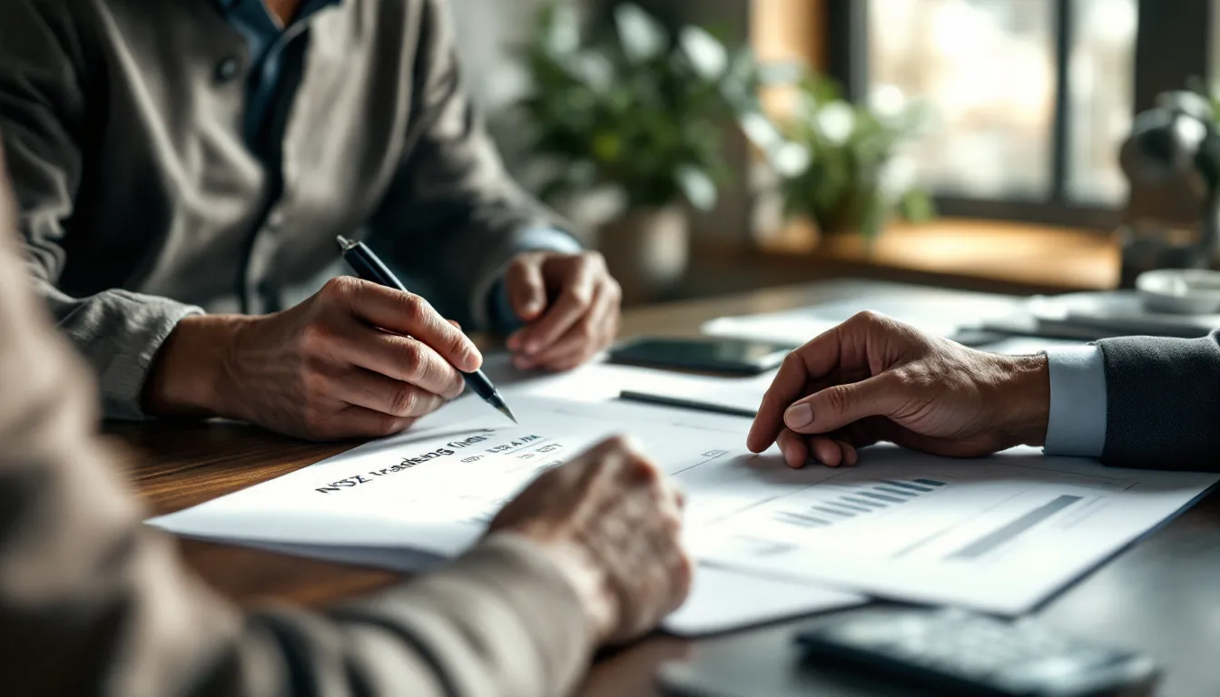 Two people review financial documents and charts on a wooden desk, with tax statements and investment statements visible among papers and pen
