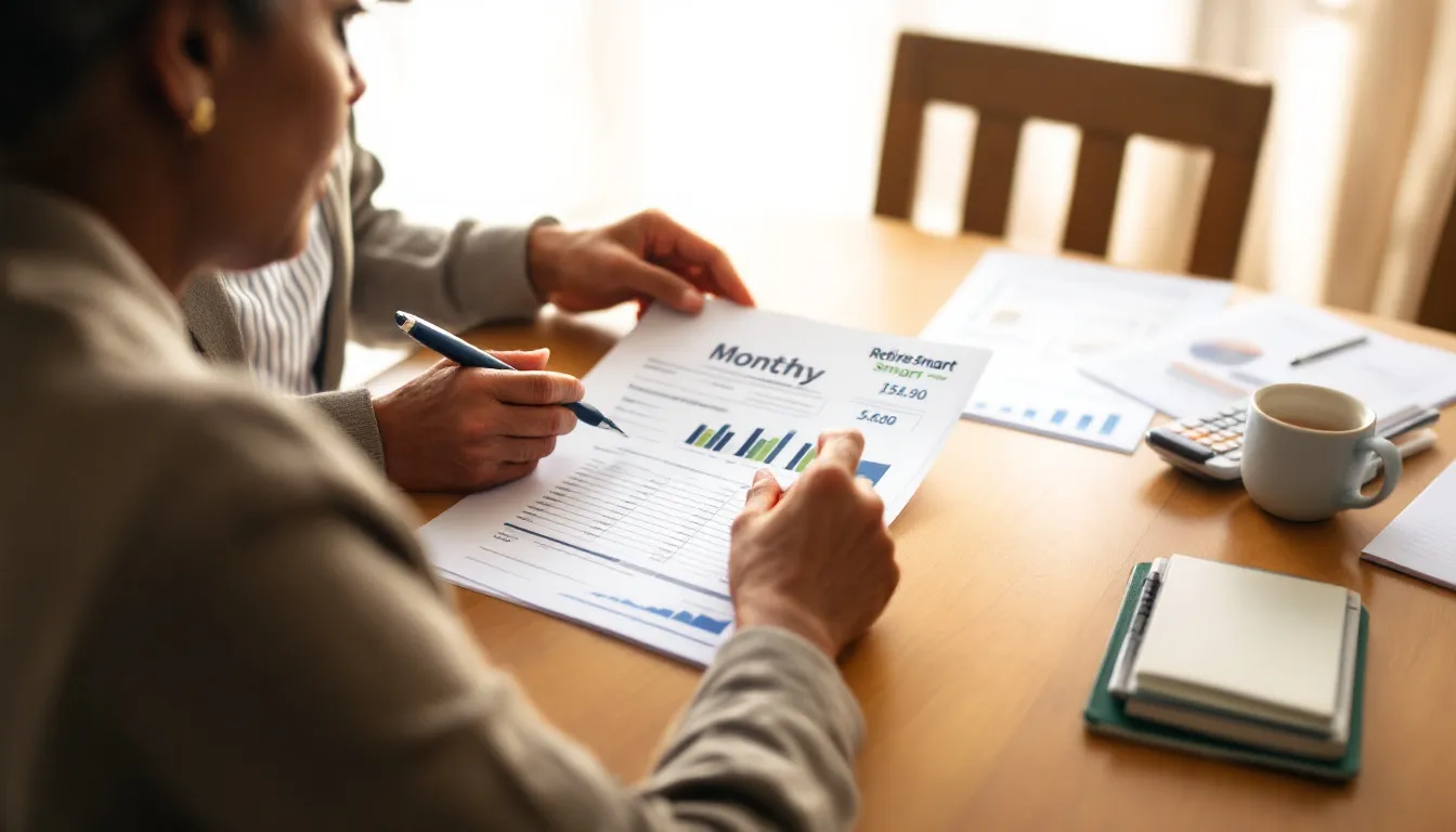 A person sits at a wooden table reviewing financial documents with bar charts and monthly data while holding a pen, with a calculator and co