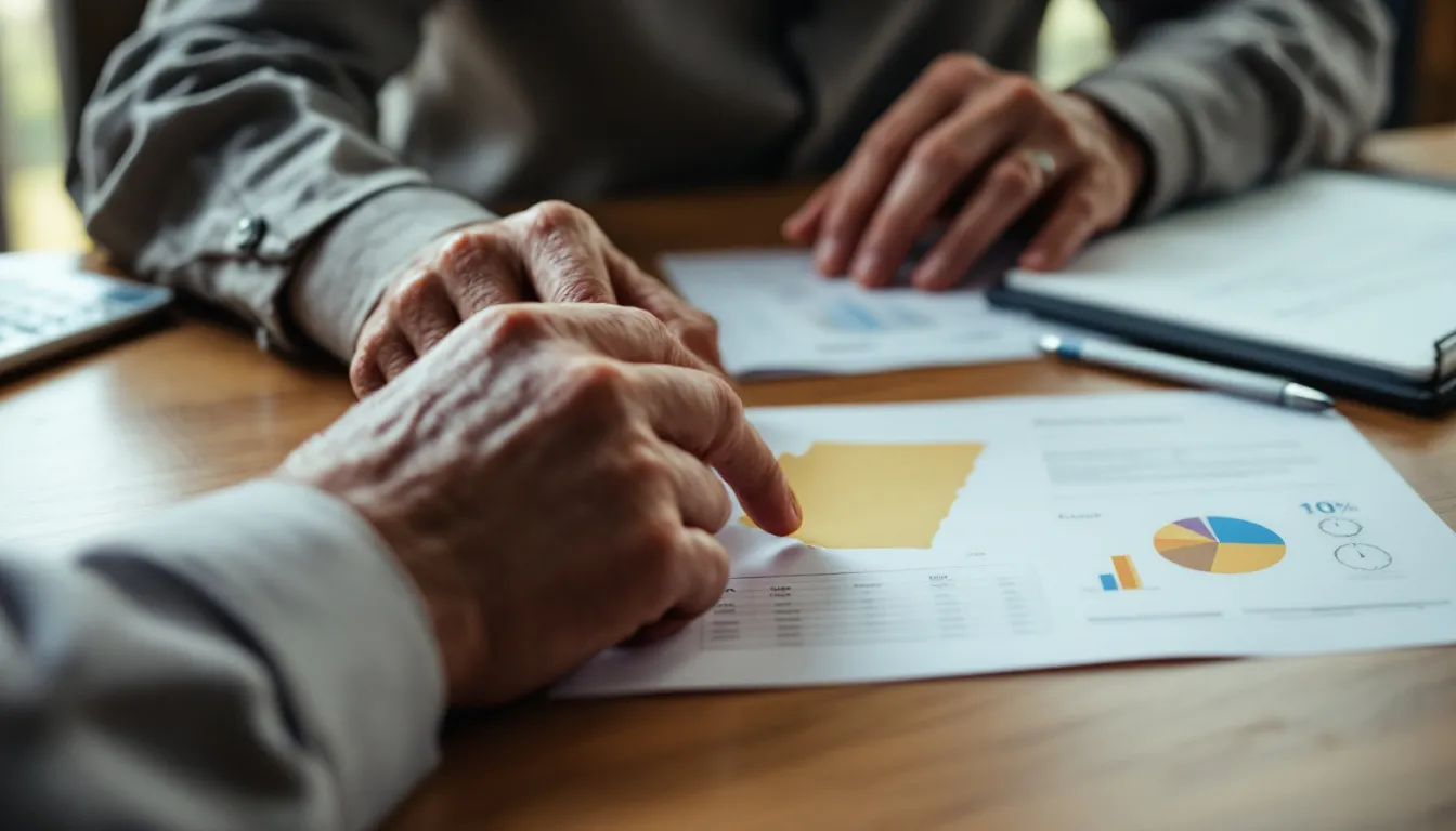 Two people review printed charts and graphs with pie and bar charts on a wooden table