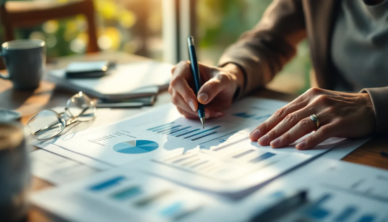 Woman reviewing retirement planning documents and financial charts at desk
