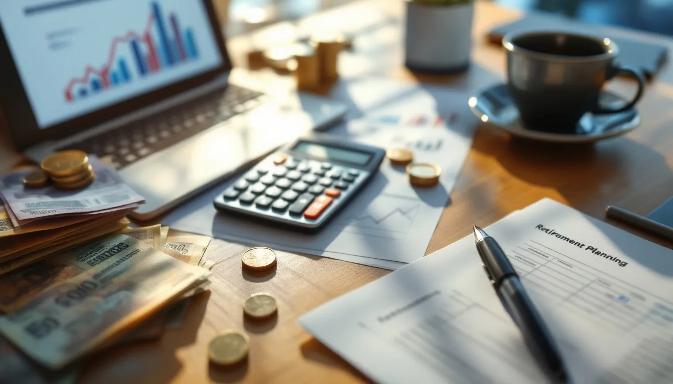 Financial planning documents, calculator, and South African rand currency on a desk representing retirement inputs