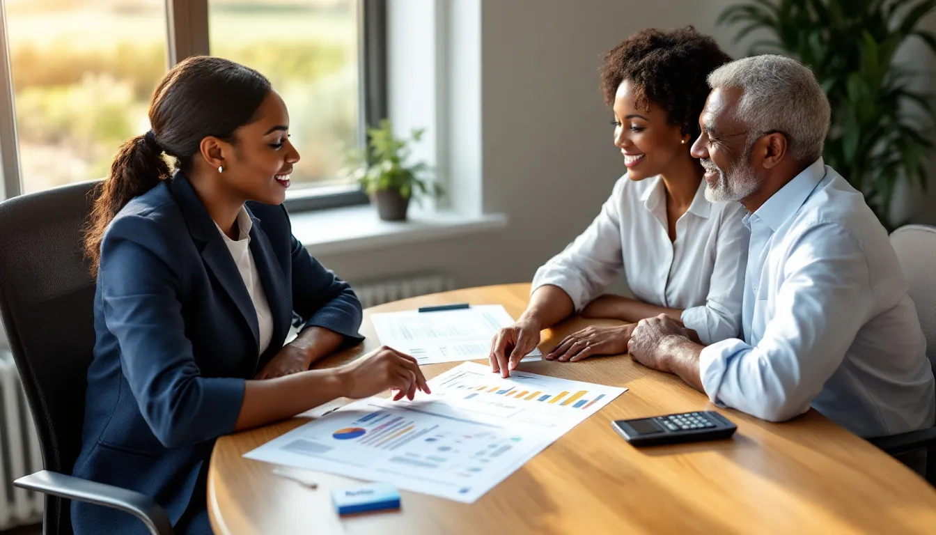A financial advisor in a blue blazer meets with a middle-aged couple at a wooden table covered with financial charts and documents