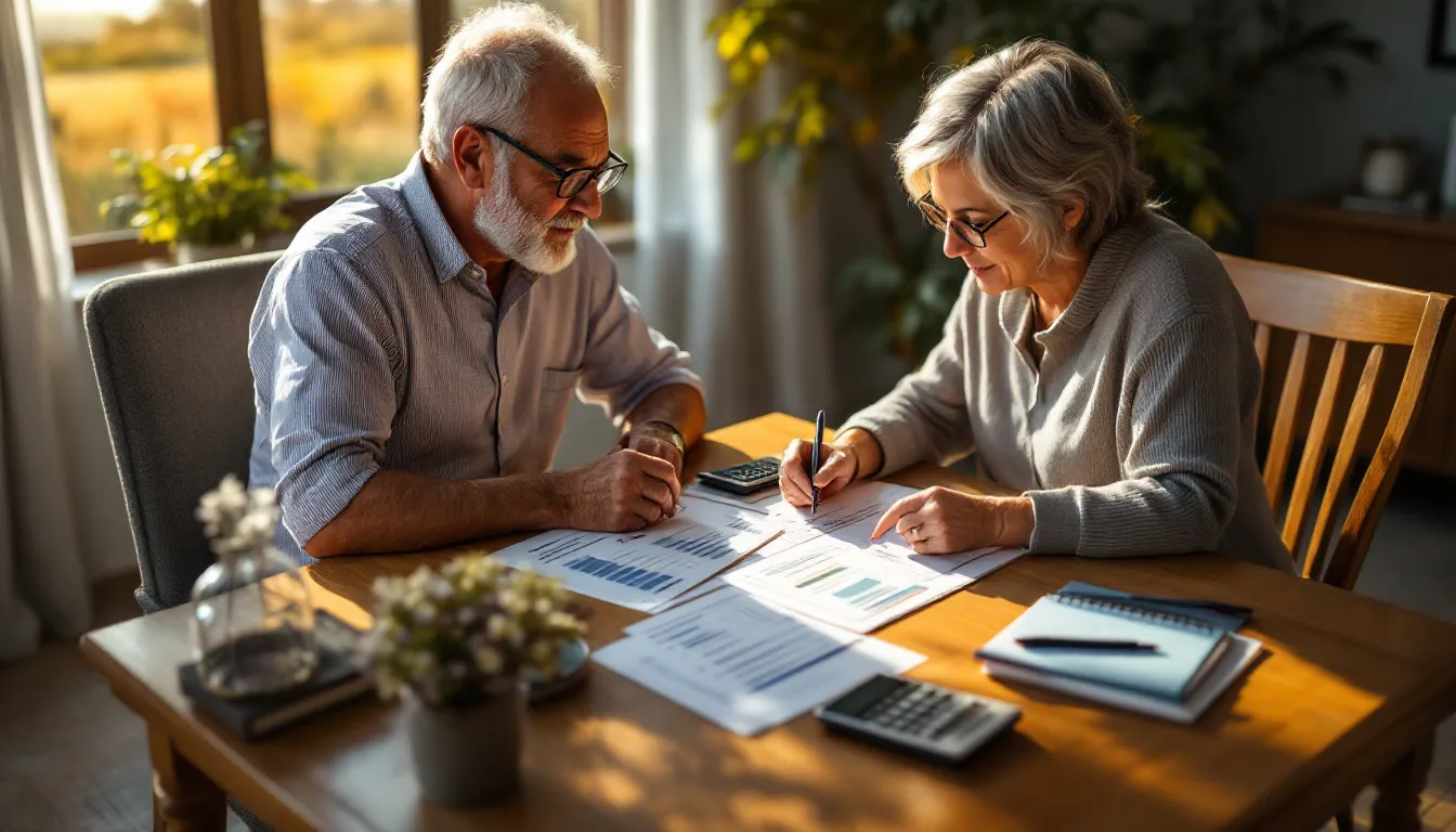 Two people wearing glasses sit at a wooden table reviewing financial documents and charts together, with a calculator and potted plant visible