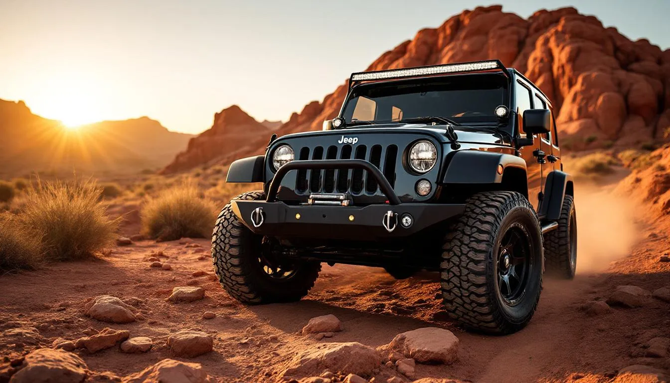 Jeep Wrangler JK with aftermarket tubular stubby front bumper and grille guard on desert trail at golden hour