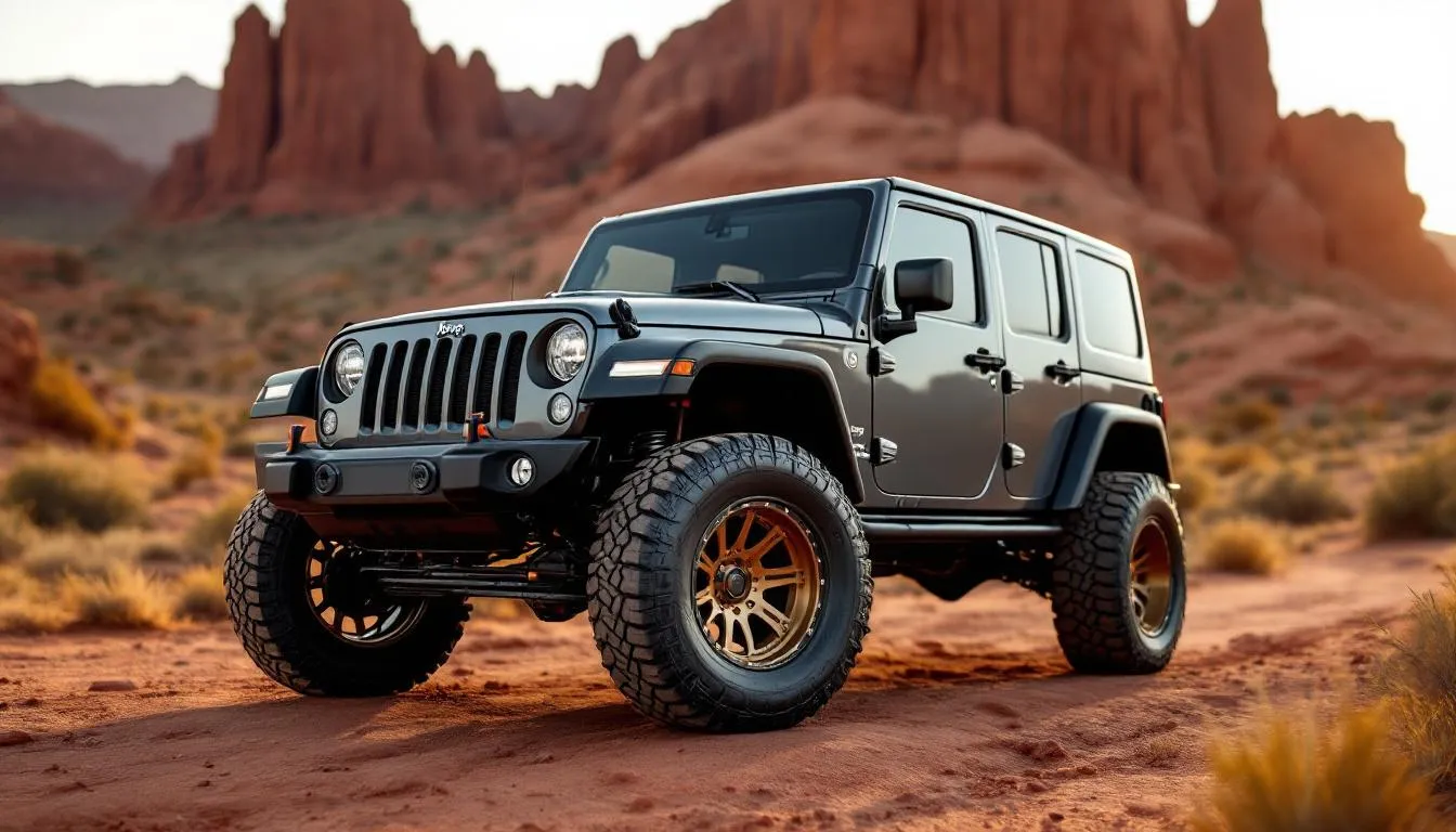 Jeep Wrangler JK with aftermarket aluminum wheels on rocky off-road trail
