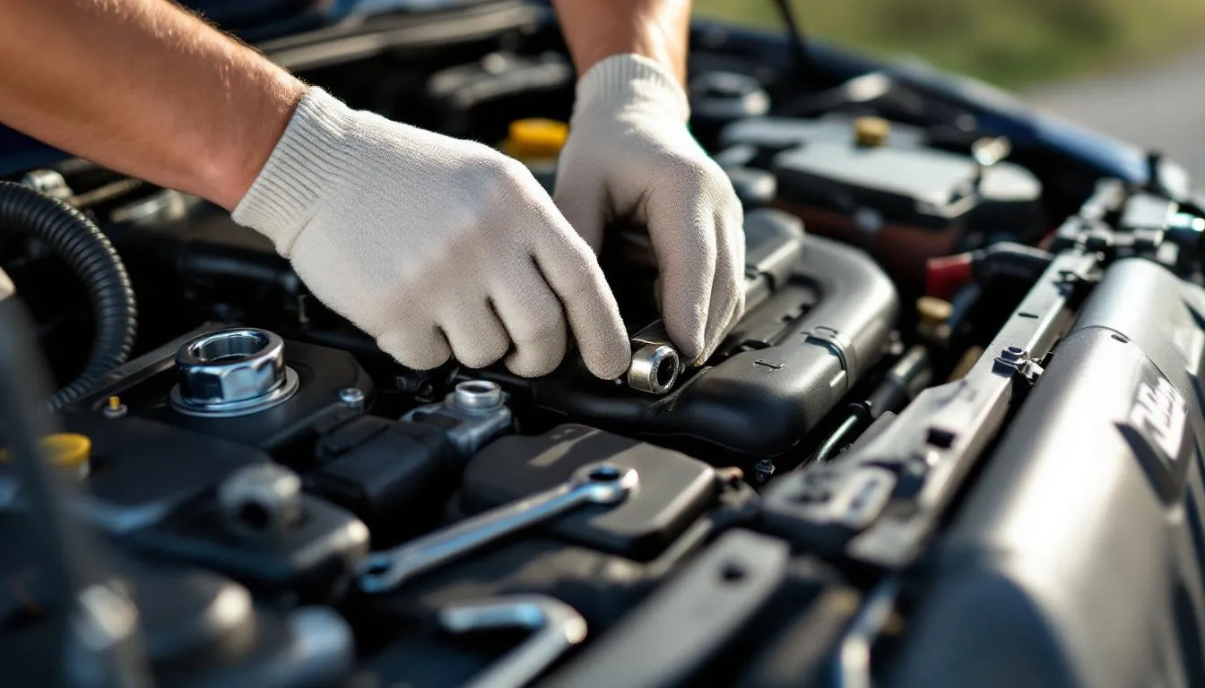Person checking oil dipstick during basic maintenance on Jeep JK Wrangler engine with tools on fender