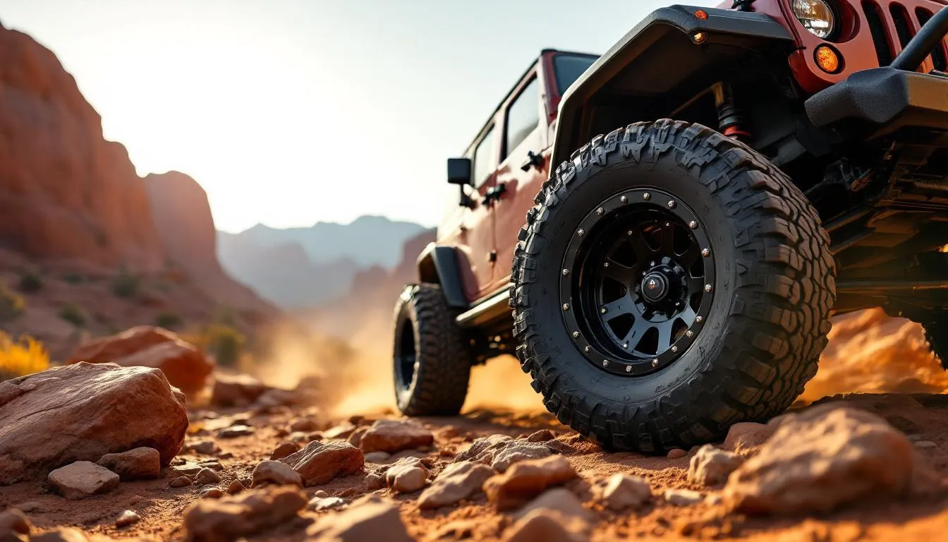 Jeep Wrangler JK with beadlock wheels on rocky off-road trail showing external bolt ring