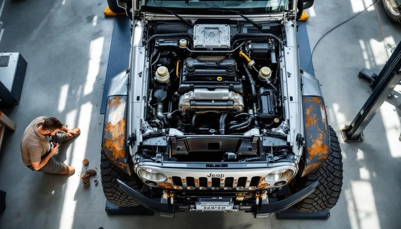 Mechanic inspecting used Jeep JK Wrangler frame and undercarriage during pre-purchase evaluation