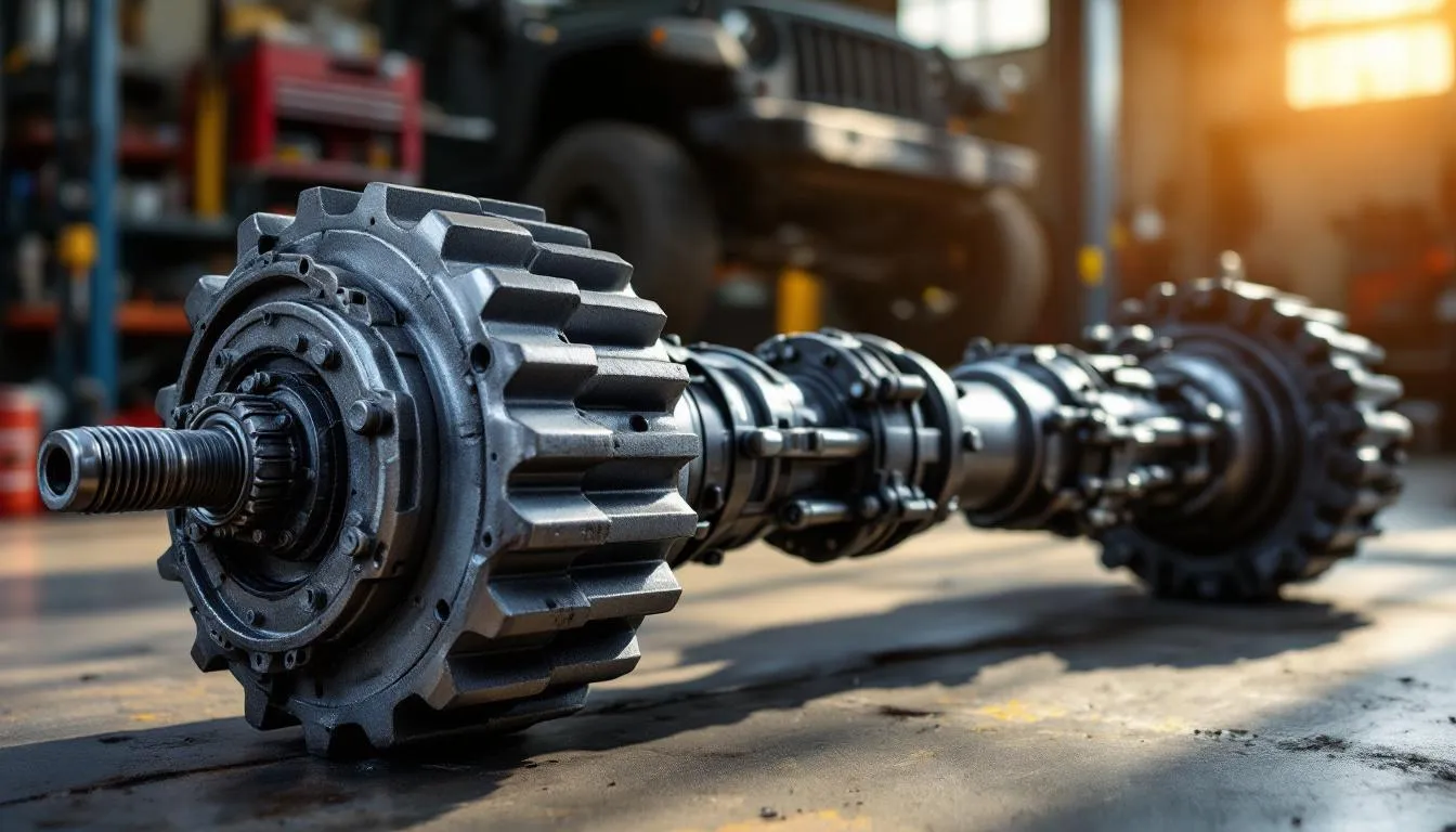 Jeep Wrangler JK Dana 44 front axle assembly showing differential housing, steering knuckles, and CV axle shafts in workshop setting
