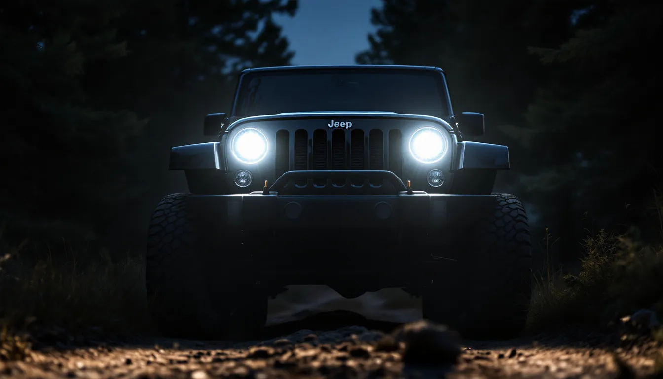 Black Jeep Wrangler JK with bright LED headlights illuminating a dark forest trail at night, showing improved visibility over stock halogen lights