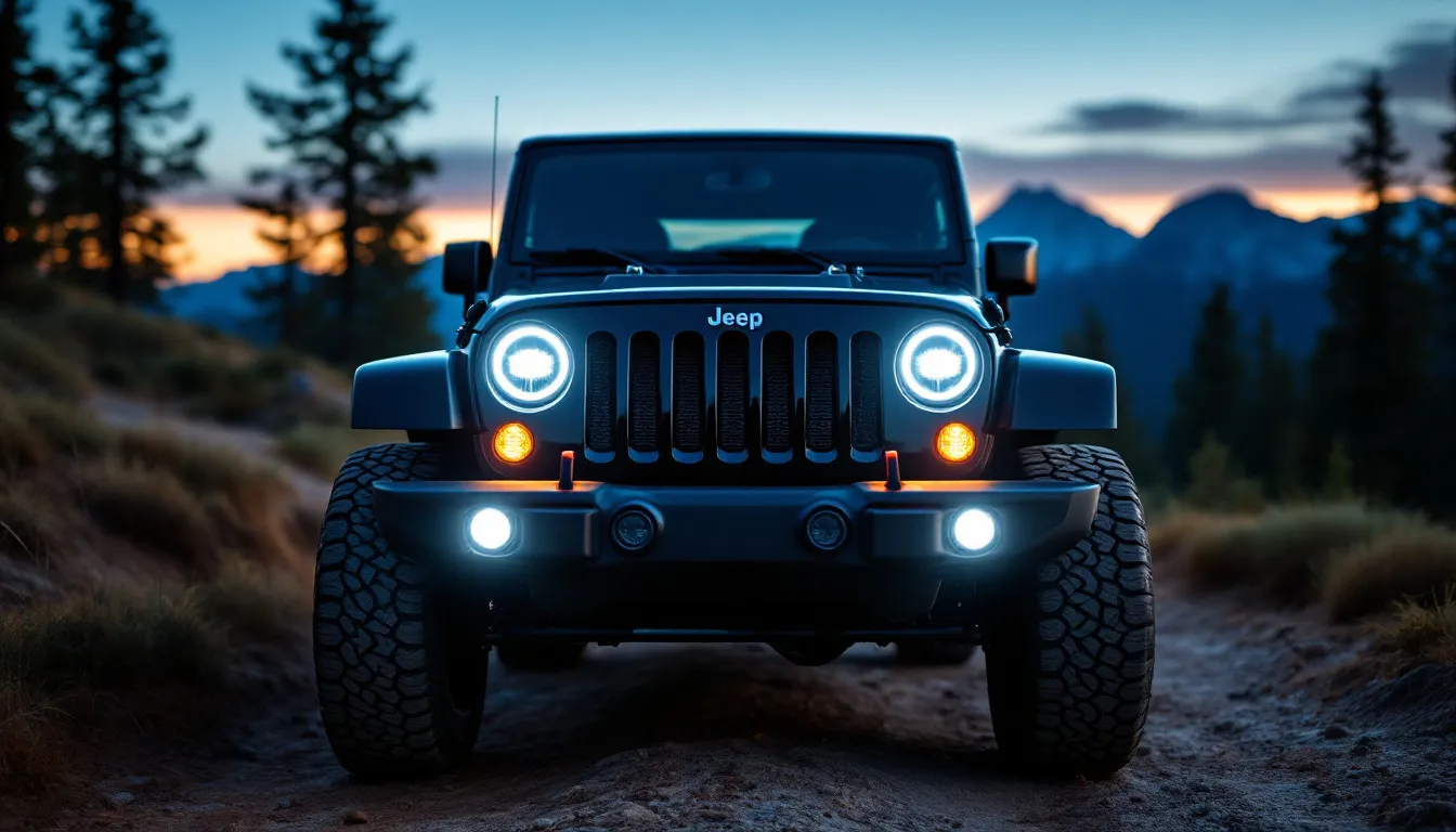 Black Jeep Wrangler JK with bright LED headlights illuminated on trail at dusk showing superior light output