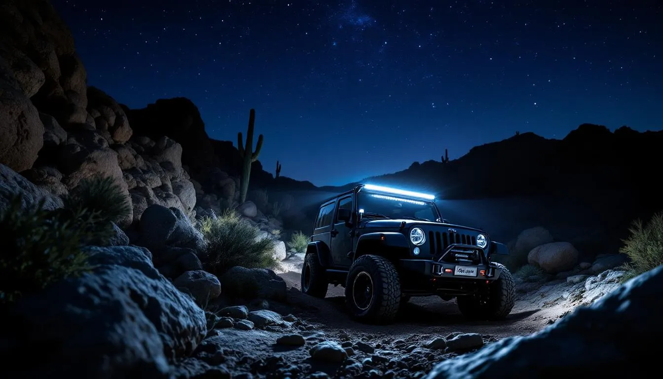 Black Jeep Wrangler JK with 52-inch LED light bar mounted on windshield illuminating desert trail at night