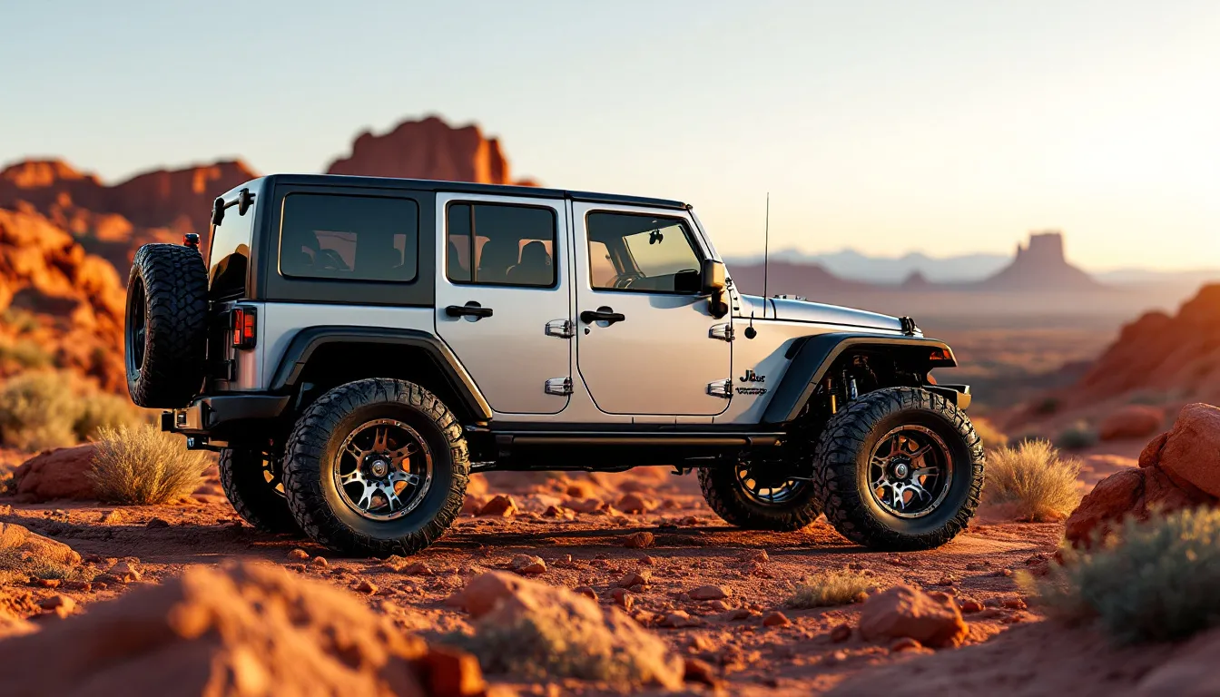 Silver Jeep JK Wrangler Unlimited with 2.5-inch lift kit and 35-inch tires on rocky desert terrain showing improved ground clearance