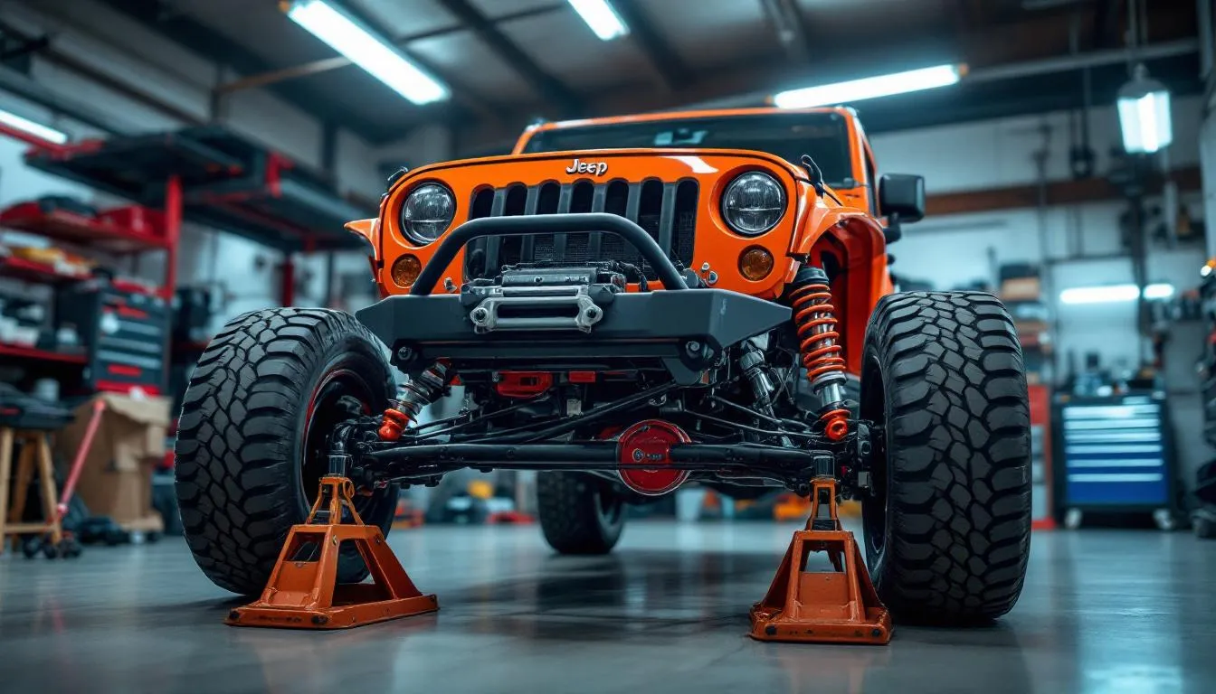 Jeep Wrangler JK on jack stands during lift kit installation in home garage